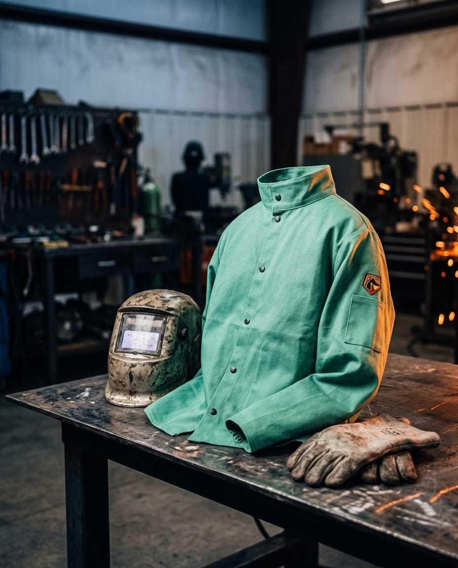 Black Stallion green welding jacket with welding helmet and gloves on a workshop table