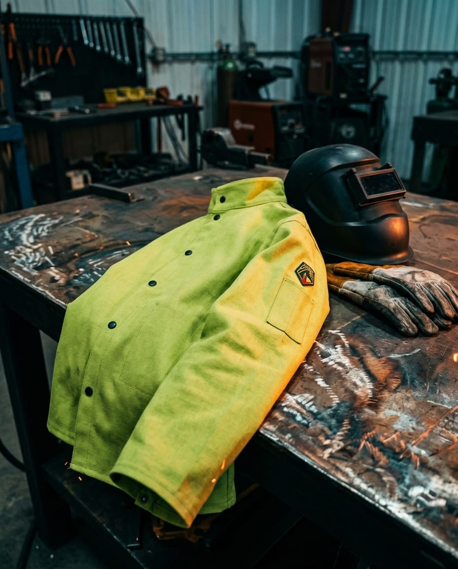Black Stallion high visibility welding jacket with welding helmet and gloves on a metal workbench
