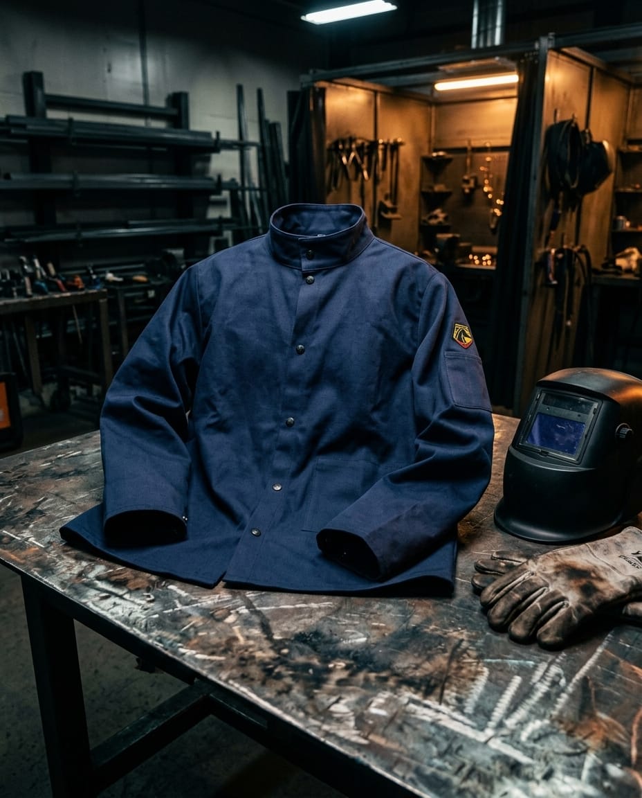 Black Stallion navy blue welding jacket on a metal workbench with welding helmet and gloves