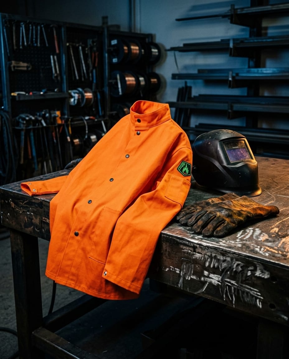 Black Stallion orange welding jacket with welding helmet and gloves on a metal workbench