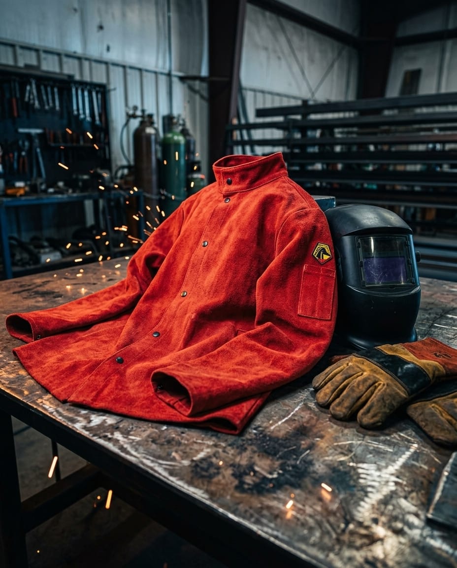 Black Stallion red leather welding jacket with welding helmet and gloves on a workshop table