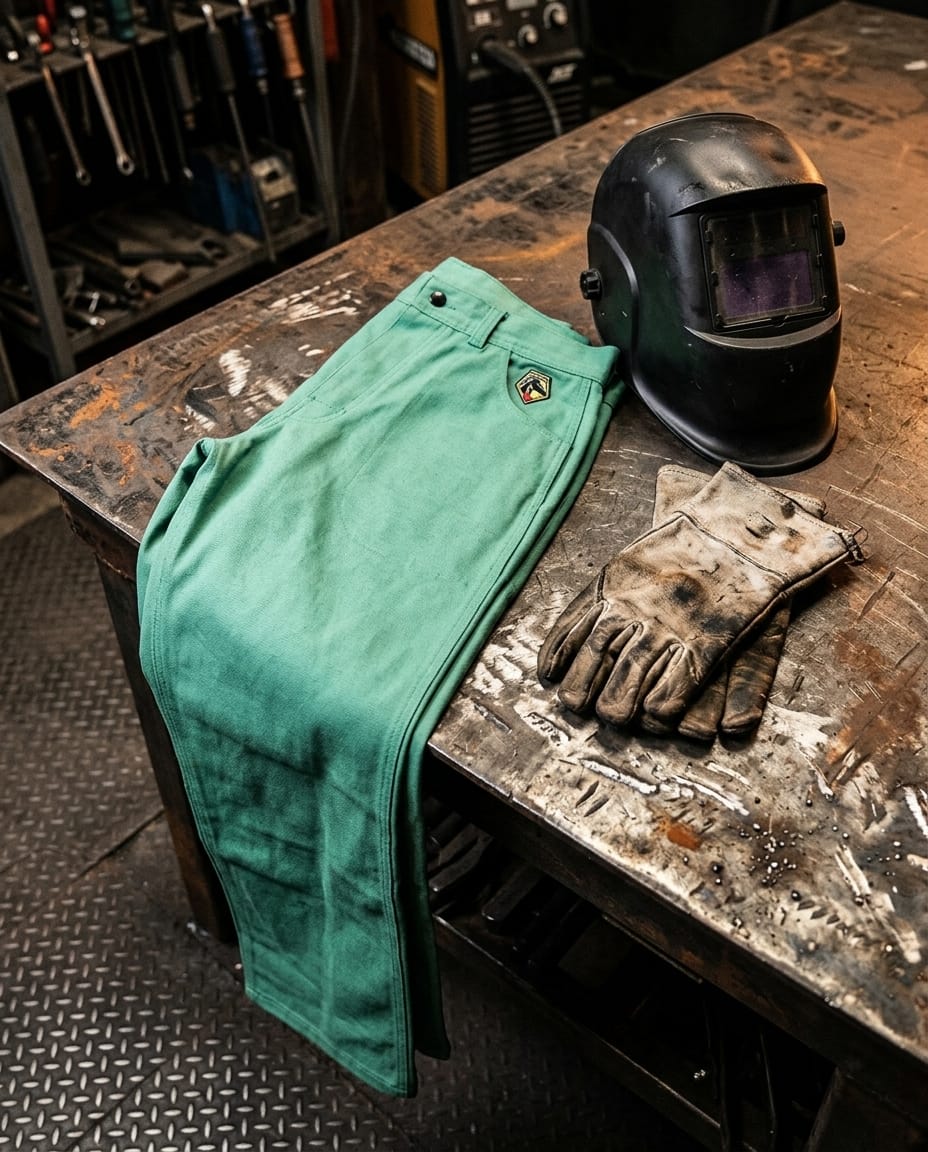 Black Stallion green welding pants with welding helmet and worn leather gloves on a metal workbench