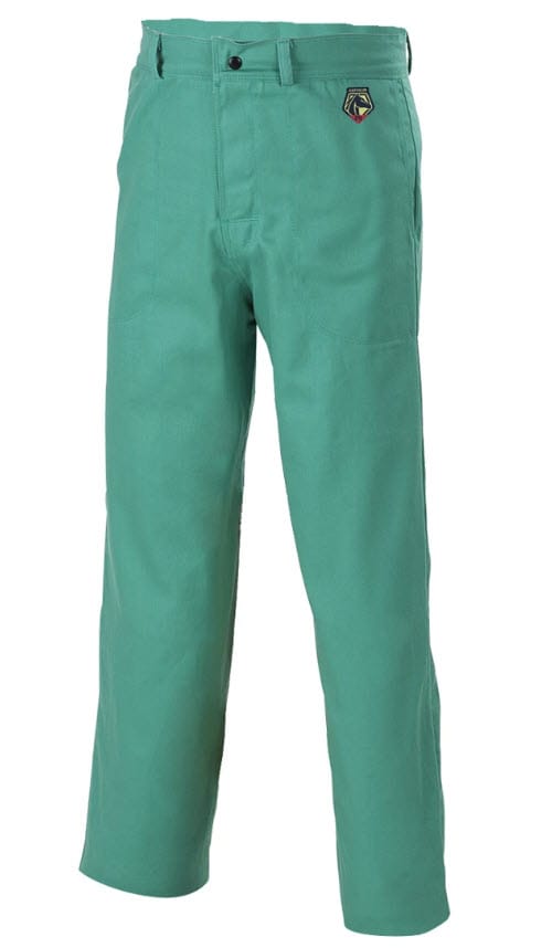 Black Stallion green cotton welding pants with Black Stallion logo patch