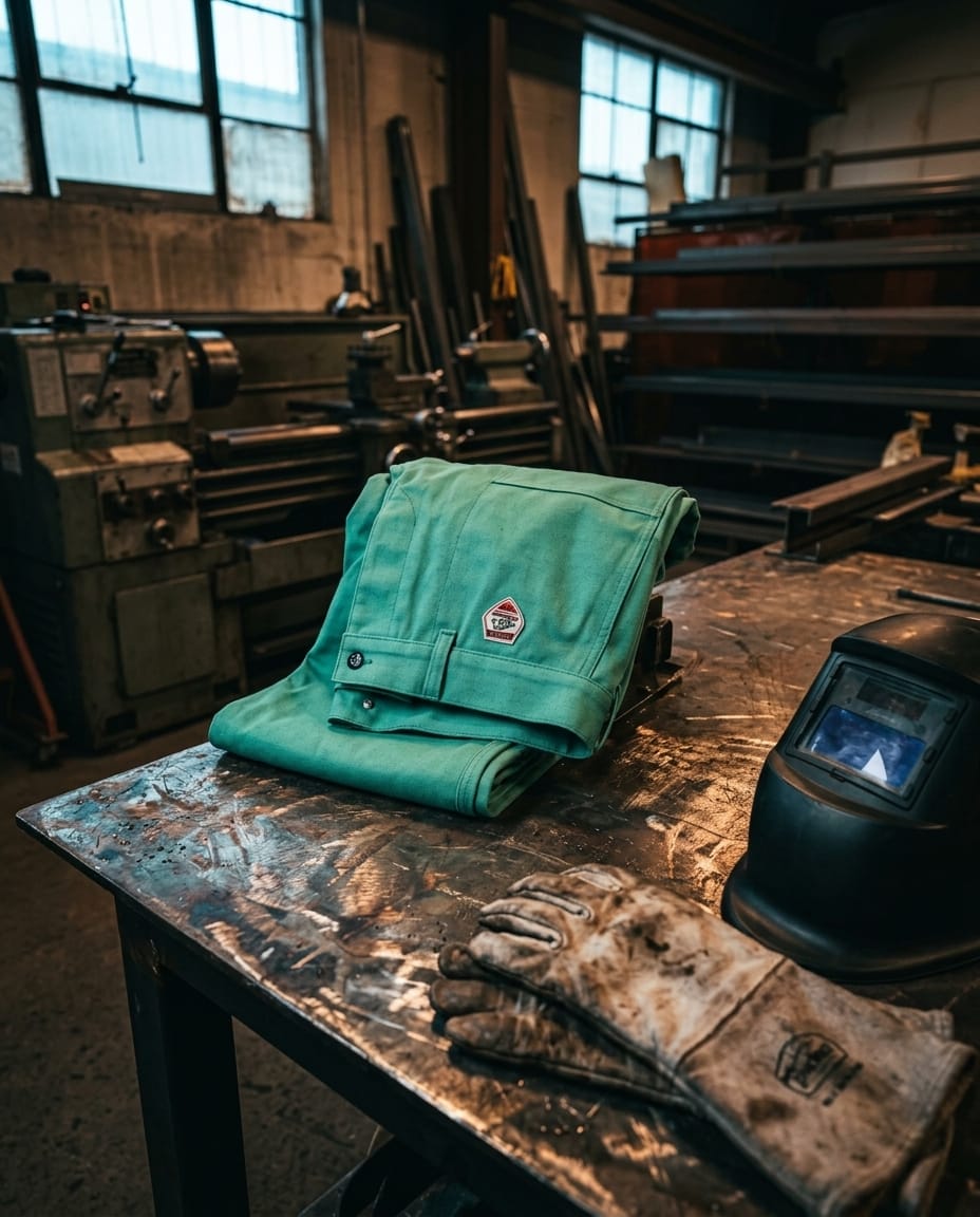Black Stallion green work pants on a metal workshop table with welding gloves and a helmet