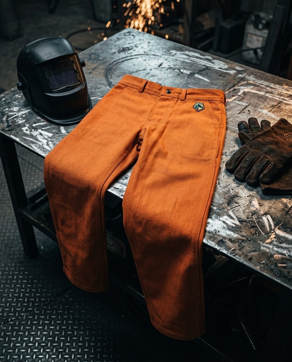 Black Stallion orange flame resistant work pants on a metal workbench with a welding helmet and leather gloves