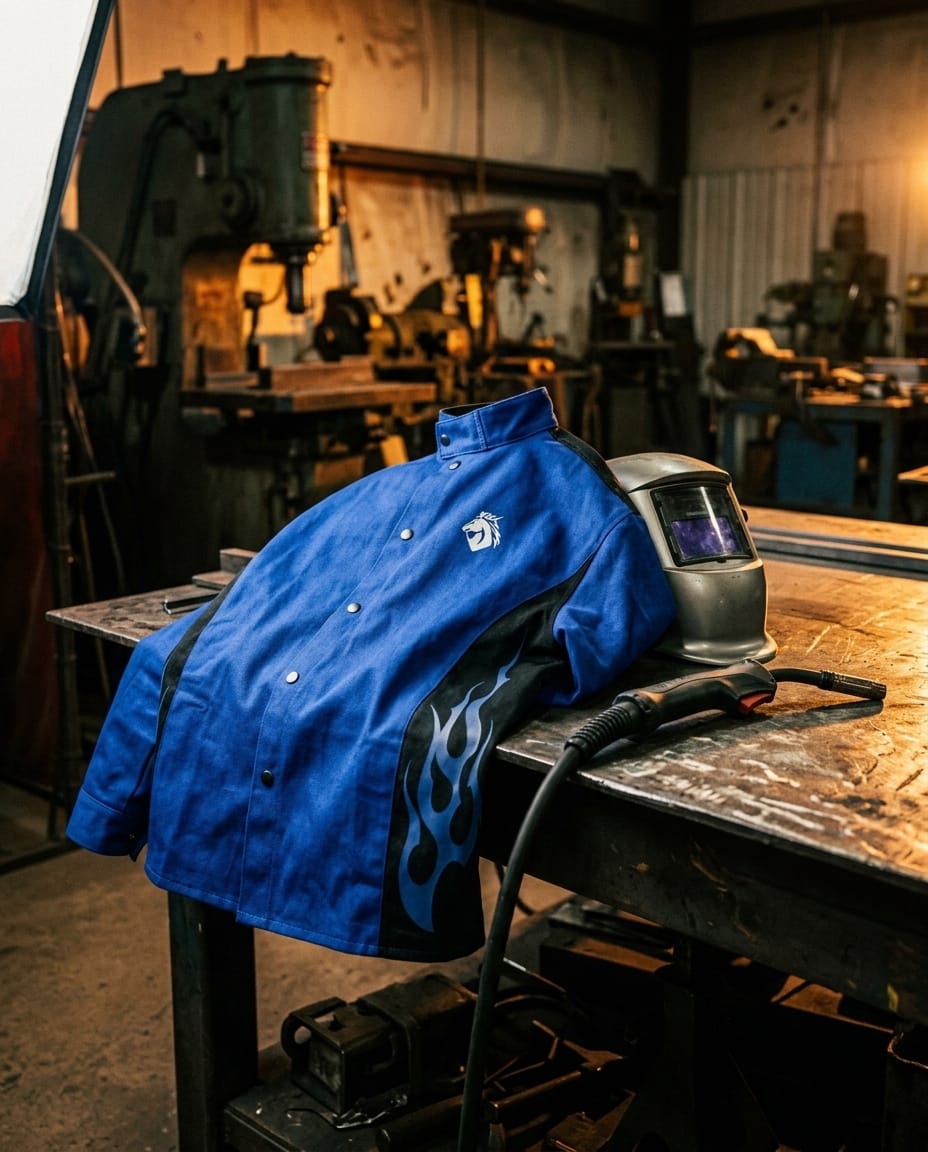 Black Stallion blue welding jacket with flame pattern and welding helmet on a workbench