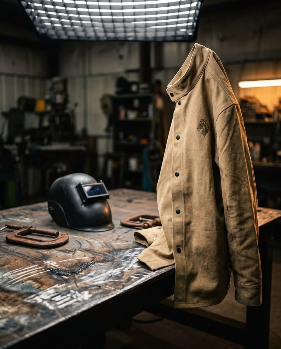 Black Stallion tan welding jacket on a workbench with a welding helmet and clamp