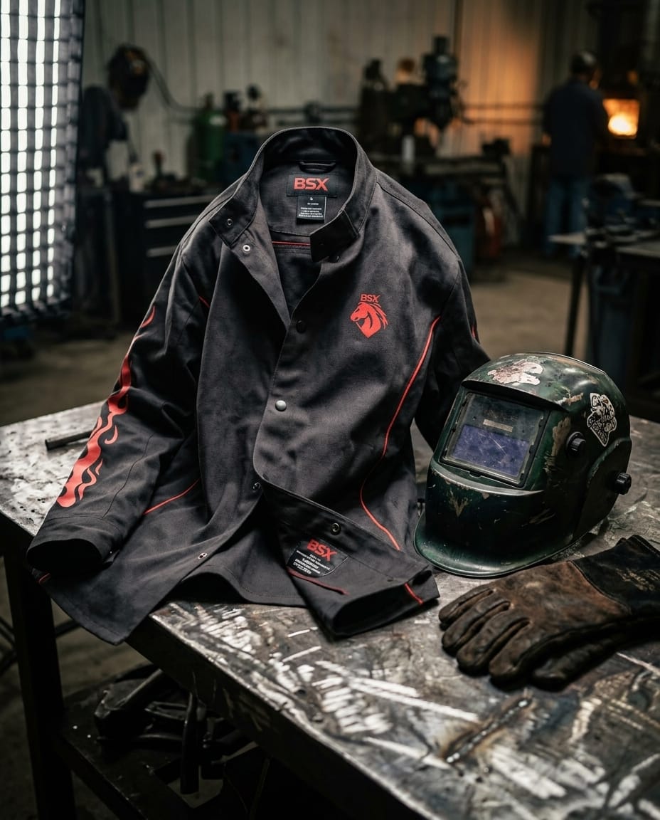 Black Stallion BSX welding jacket with red flame accents next to a welding helmet and gloves on a workbench