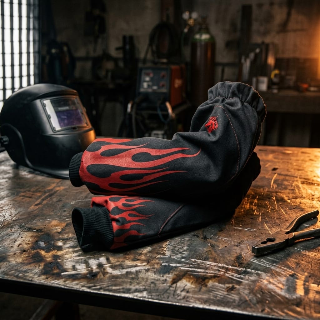 Black Stallion flame print welding sleeves on a metal workbench