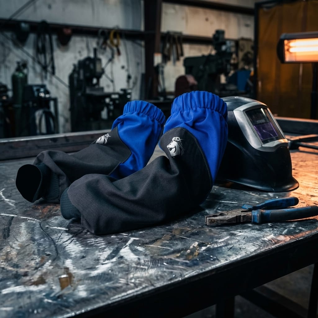 Black Stallion blue and black welding sleeves on a metal workbench with a welding helmet and pliers