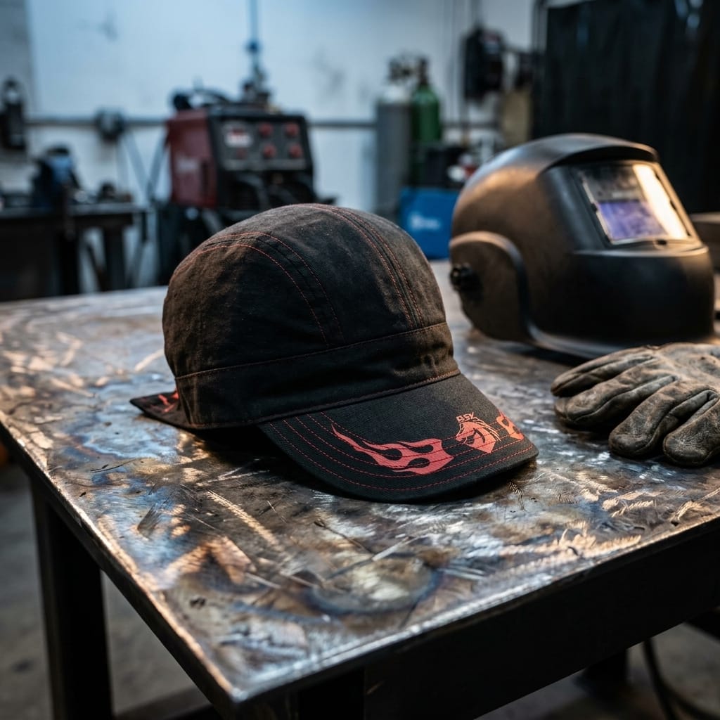 Black Stallion welding cap with red flame graphic on brim sitting on a metal workbench