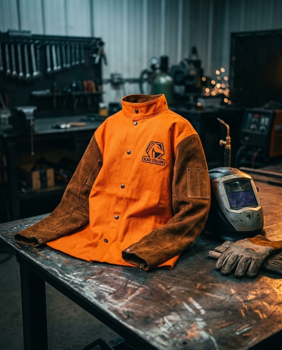 Black Stallion orange and brown leather welding jacket on a workbench with a welding helmet and gloves