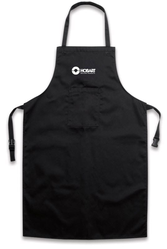 Black Hobart welding apron with neck strap and side buckles