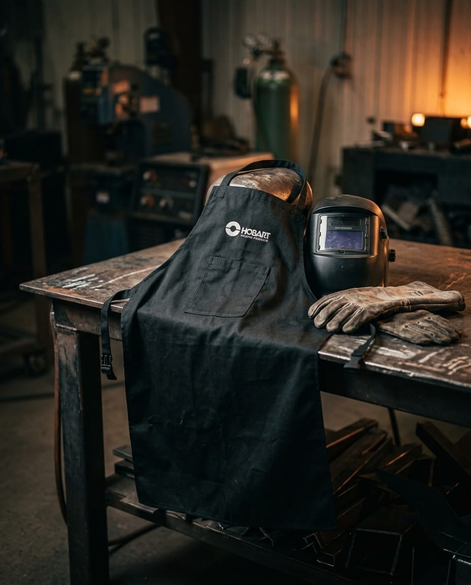 Hobart black welding apron with welding helmet and leather gloves on a metal workbench