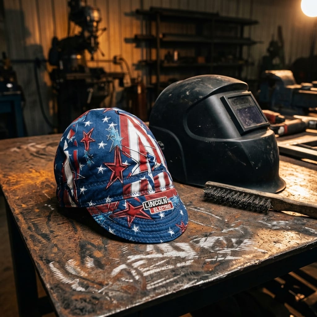 Lincoln Electric welding cap with American flag pattern next to a welding helmet on a metal workbench