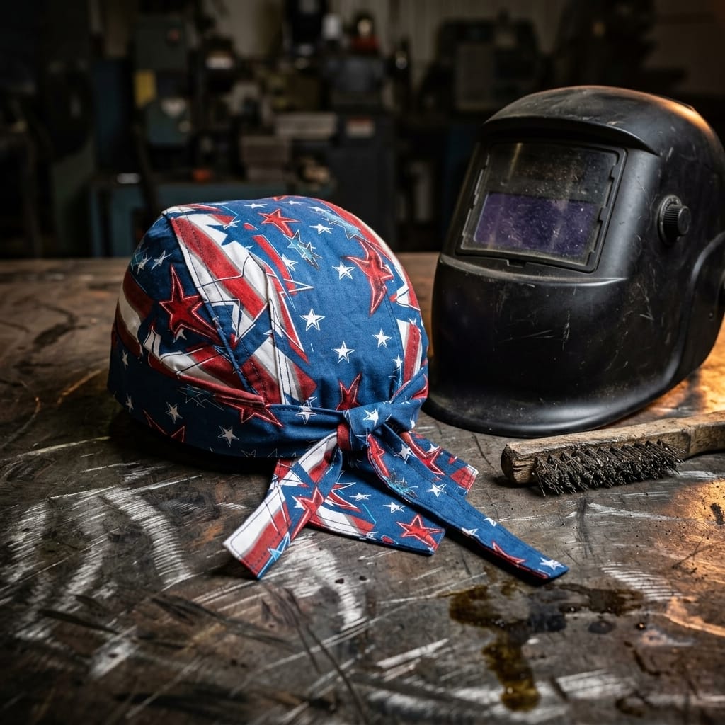 Lincoln welding cap with American flag pattern next to a welding helmet and wire brush on a metal workbench