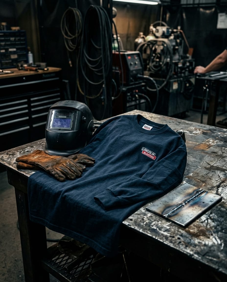 Lincoln Electric long sleeve shirt with welding helmet and gloves on a metal workshop table