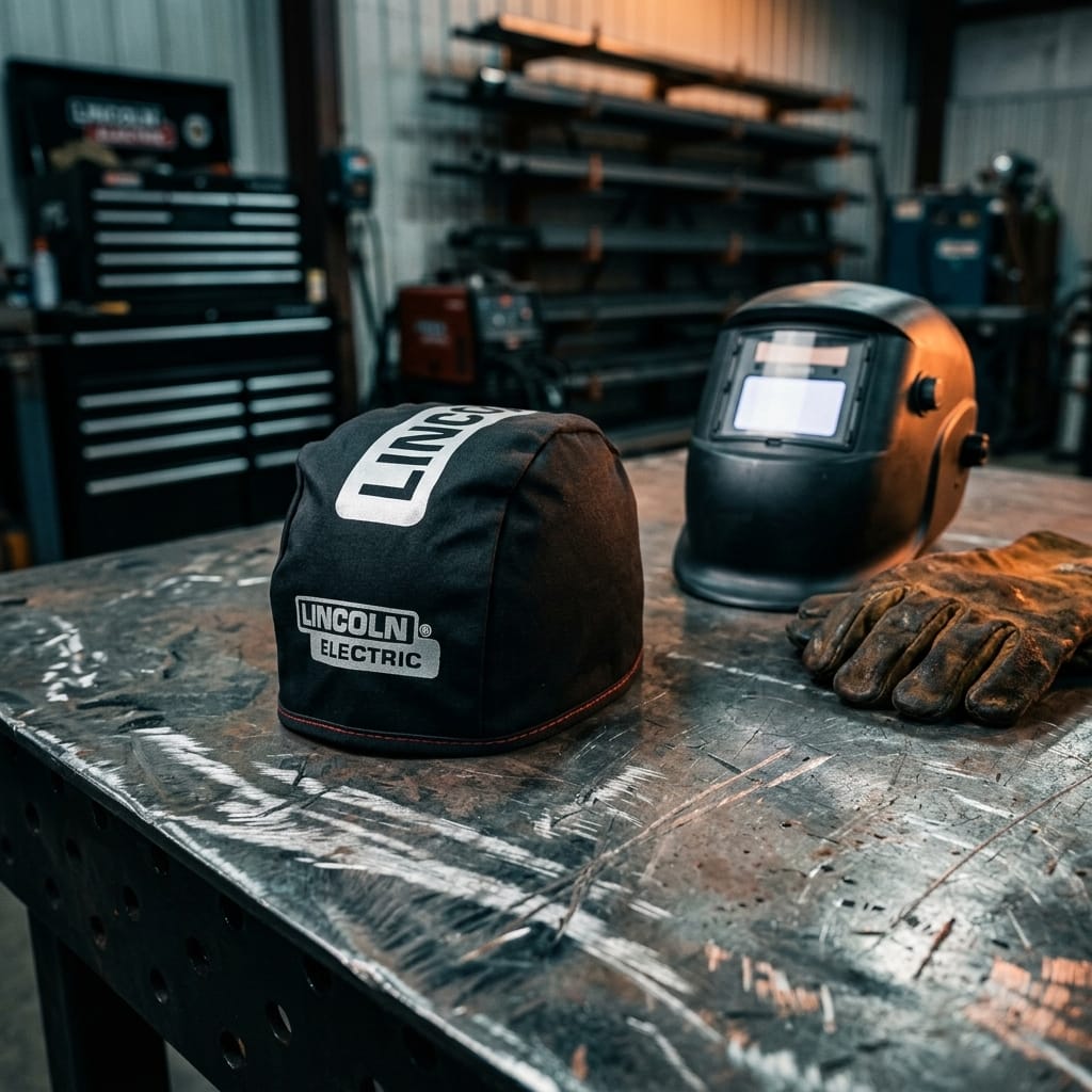 Lincoln Electric welding cap with welding helmet and leather glove on a metal workbench