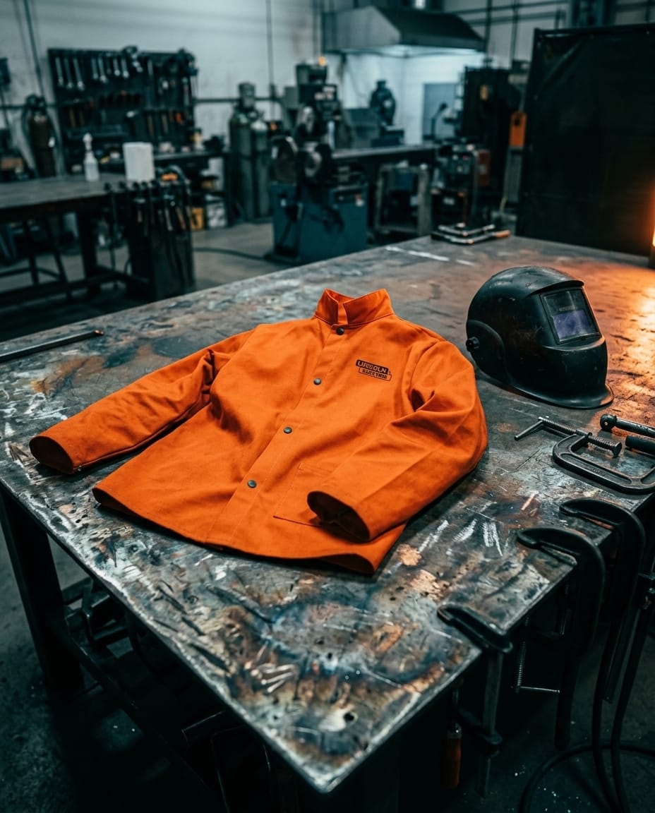 Orange Lincoln Electric welding jacket and welding helmet on a metal workbench