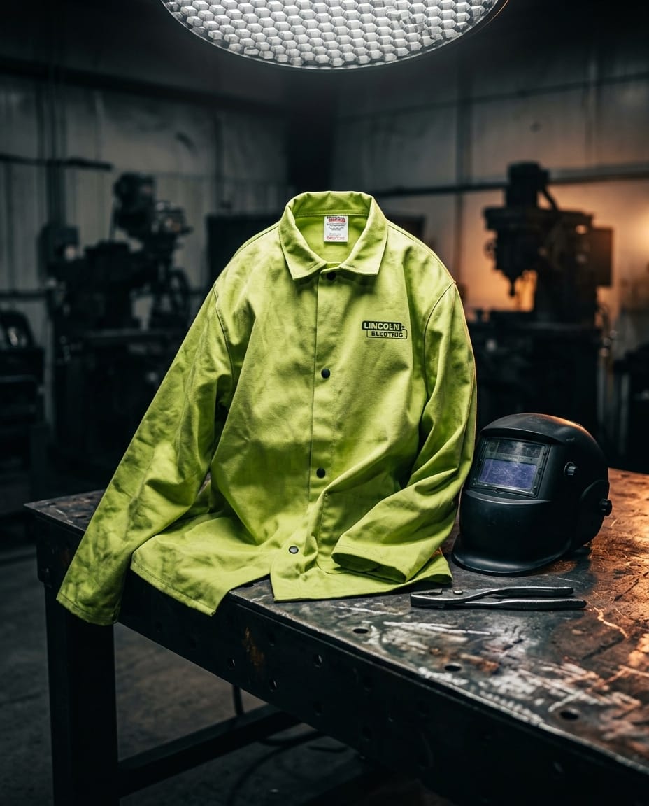 Lime green Lincoln Electric work jacket on a metal workbench with a welding helmet