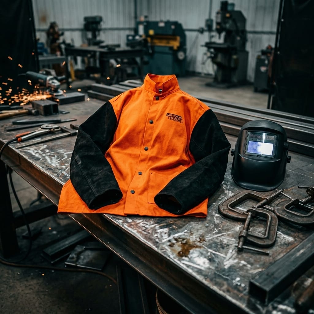 Lincoln orange and black welding jacket on a metal workshop table with a welding helmet