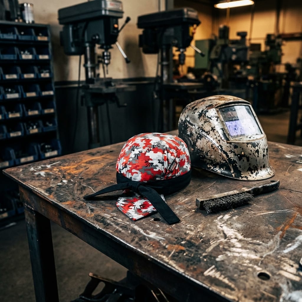 Lincoln red camo welding cap next to a worn welding helmet and wire brush on a metal workbench