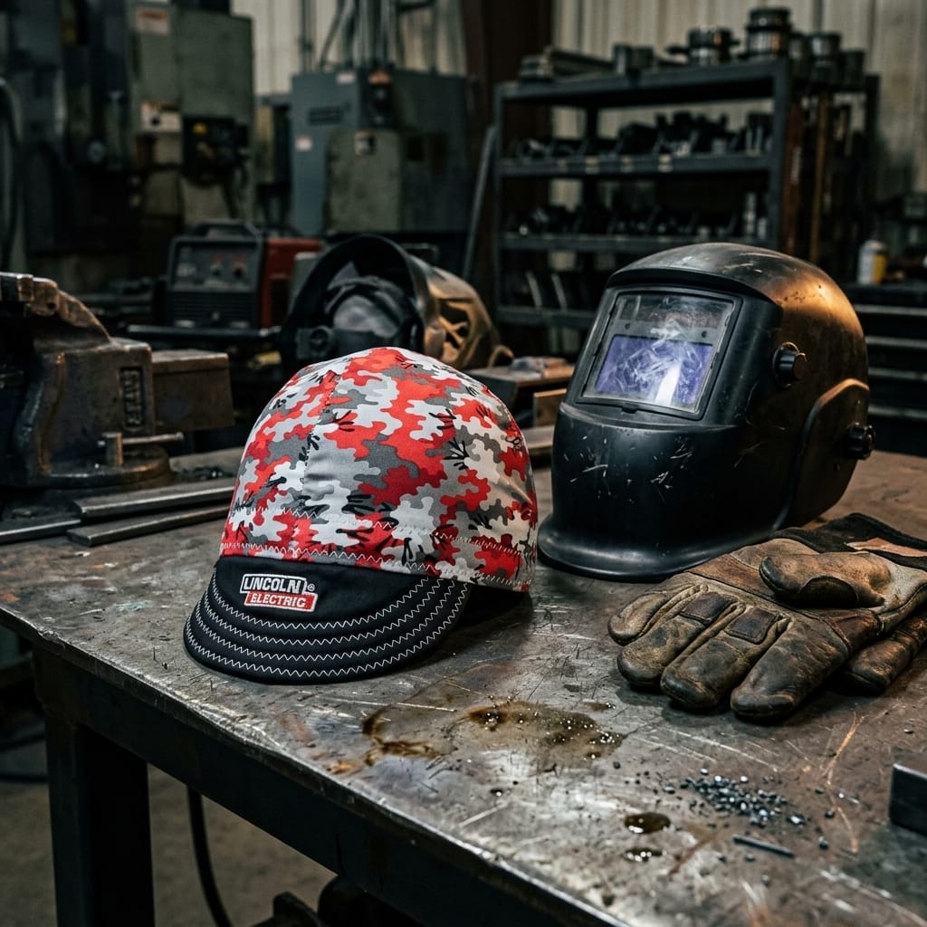 Lincoln Electric red camo welding cap on a metal workbench next to a welding helmet and leather gloves