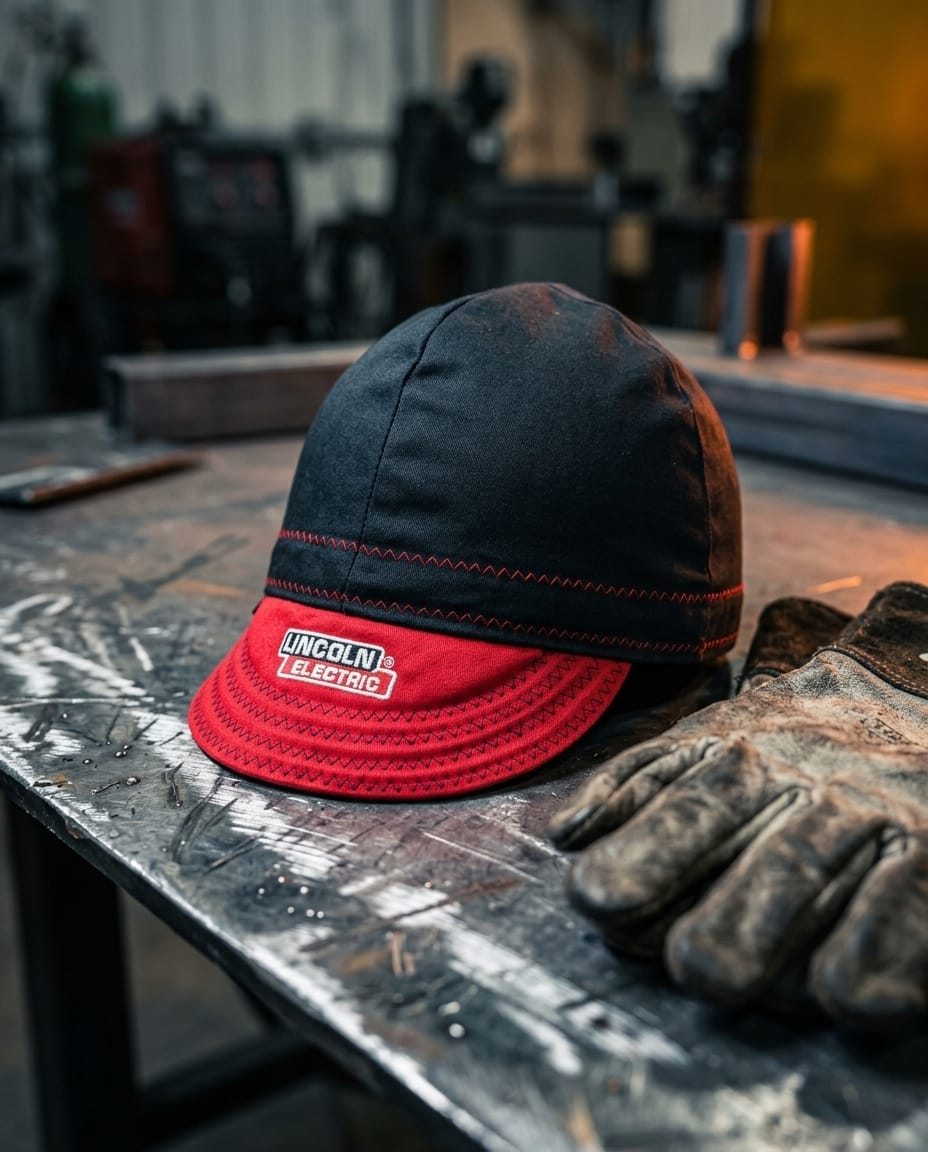 Lincoln Electric black and red welding cap on a metal workbench next to leather gloves
