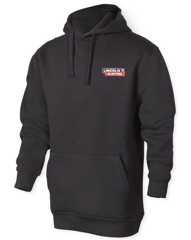 Black pullover hoodie with a Lincoln Electric logo on the chest