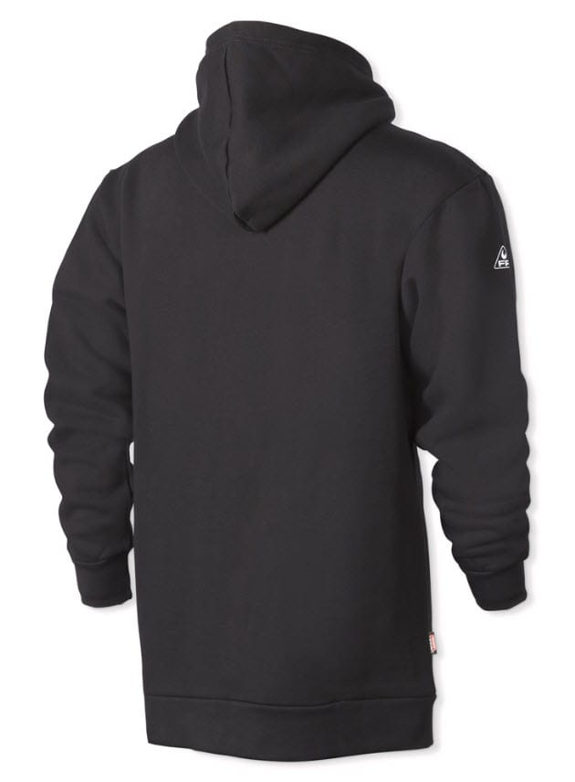 Back view of a black hooded sweatshirt with a small logo on the left sleeve