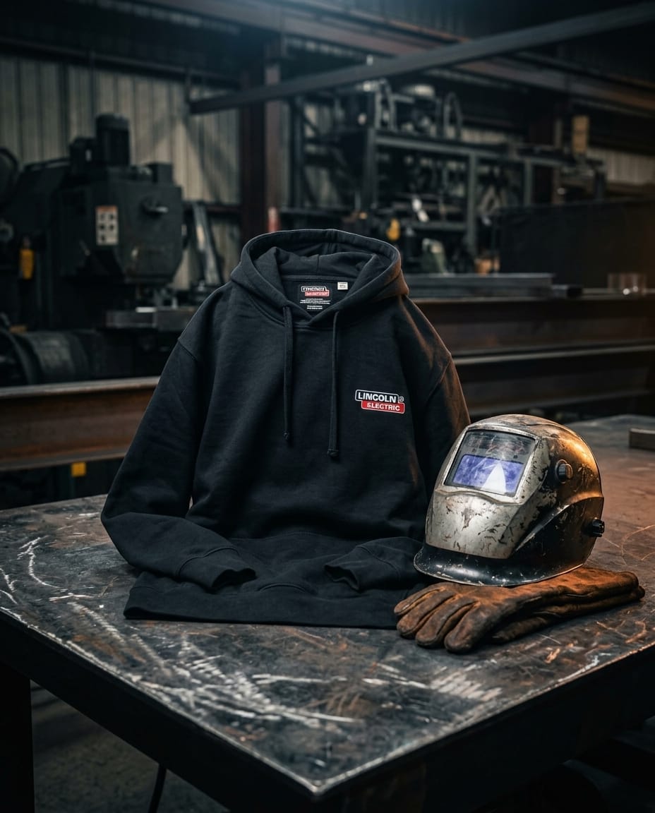 Black Lincoln Electric hoodie with welding helmet and leather gloves on a metal workbench