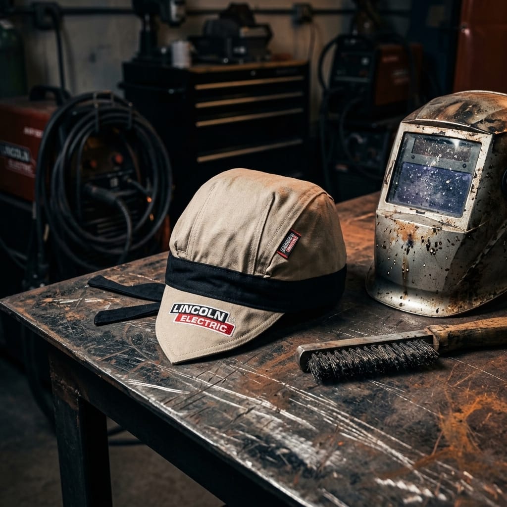 Tan Lincoln Electric welding cap on a metal workbench next to a welding helmet and wire brush