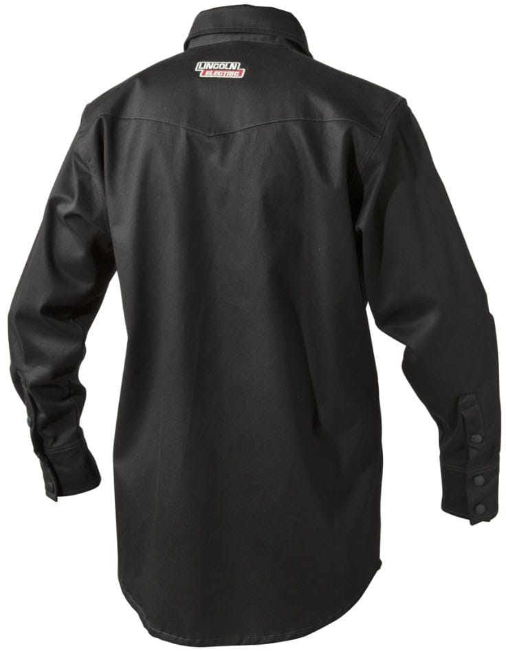 Back view of a black long sleeve work shirt with a Lincoln Electric logo on the collar