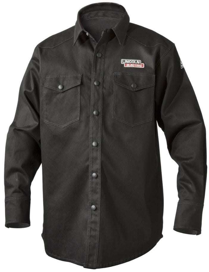 Black long sleeve button down work shirt with Lincoln Electric logo on chest pocket