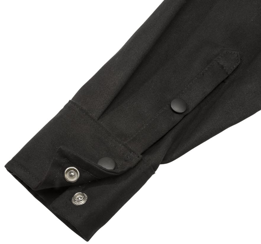 Black long sleeve shirt cuff with snap button closures