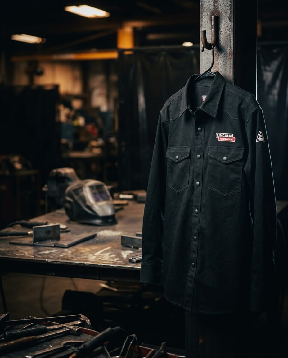 Black Lincoln Electric long sleeve work shirt hanging in a workshop