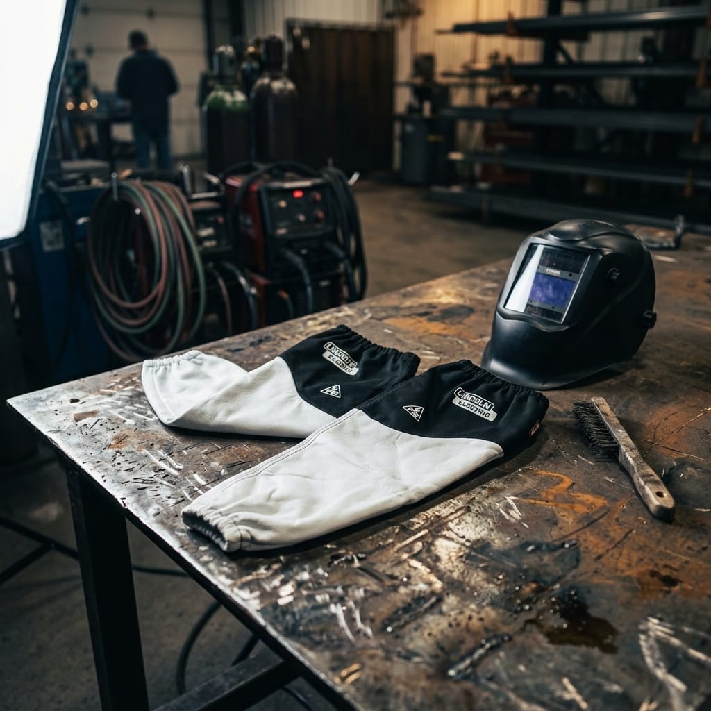 Lincoln welding sleeves and helmet on a metal workbench