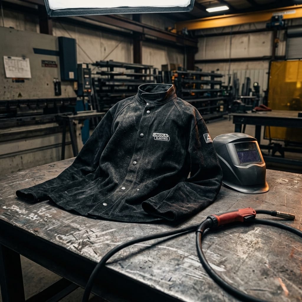 Lincoln Electric black leather welding jacket with welding helmet and torch on a metal workbench