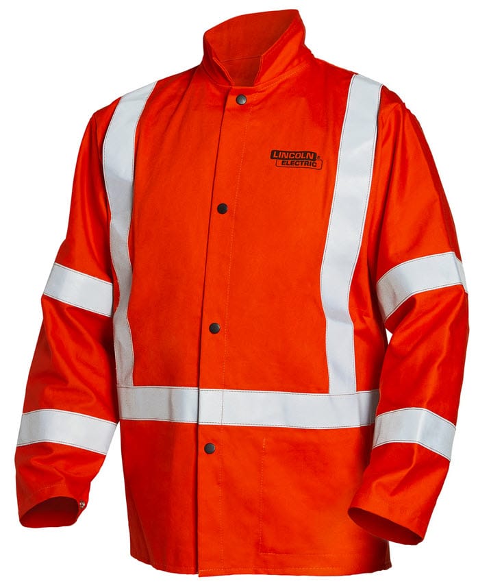 Orange high visibility welding jacket with reflective stripes and Lincoln Electric logo