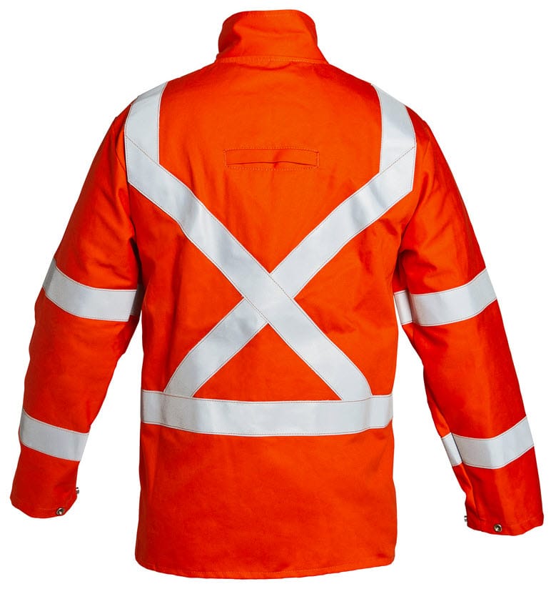 Back view of orange high visibility safety jacket with reflective x pattern and arm bands
