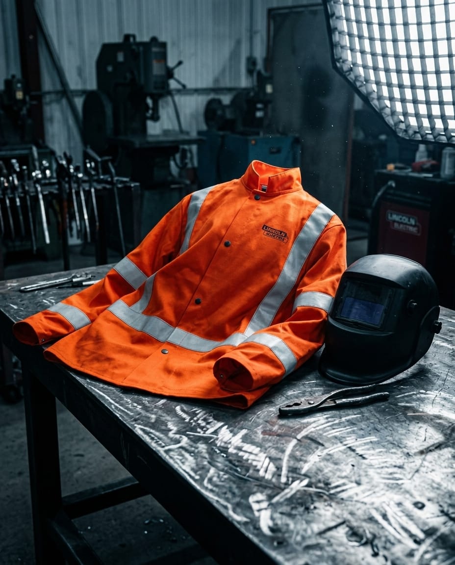 Lincoln Electric orange high visibility welding jacket and welding helmet on a metal workbench