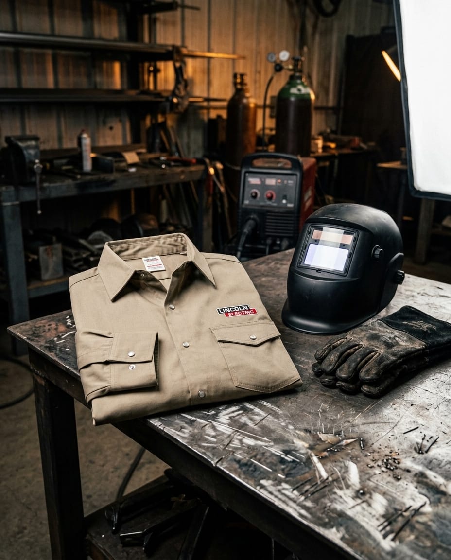 Lincoln Electric tan work shirt with welding helmet and gloves on a metal workbench