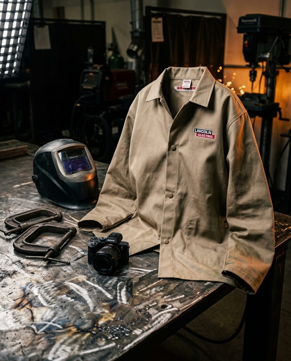 Lincoln Electric tan work jacket on a metal workshop table with a welding helmet and camera