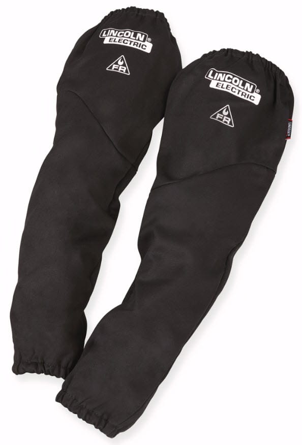 Pair of black flame resistant welding sleeves with Lincoln Electric logo