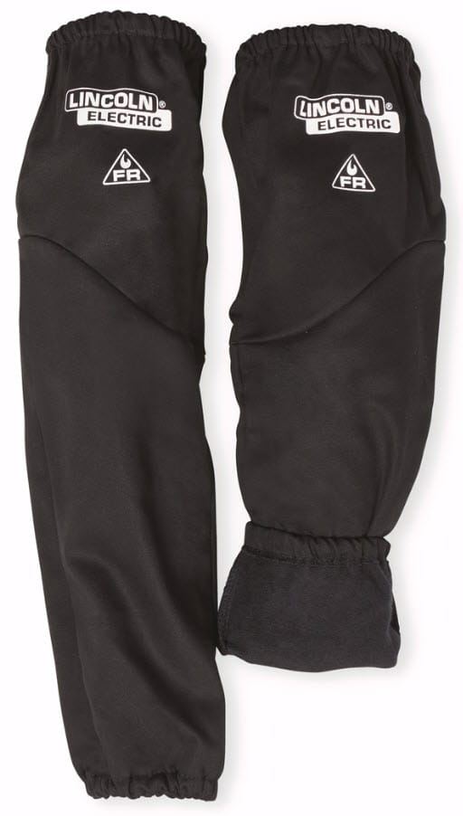 Pair of black Lincoln Electric flame resistant welding sleeves with elastic cuffs