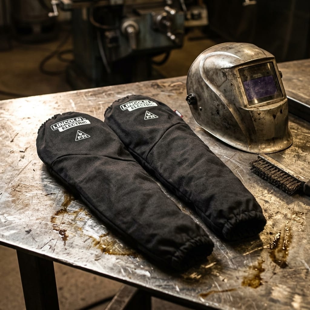 Lincoln Electric black flame resistant welding sleeves and a welding helmet on a metal workbench