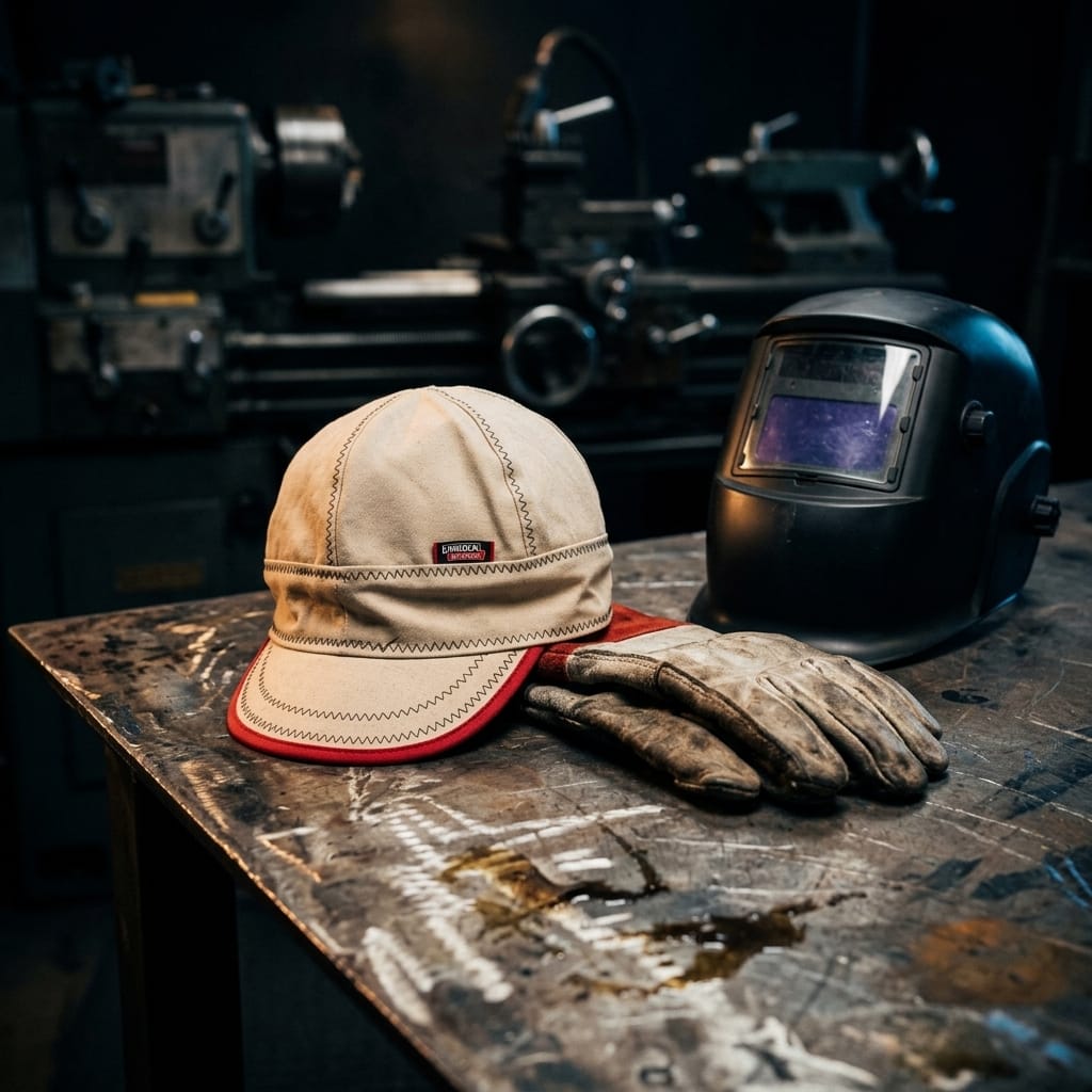 Lincoln welding cap with leather gloves and welding helmet on a workshop table