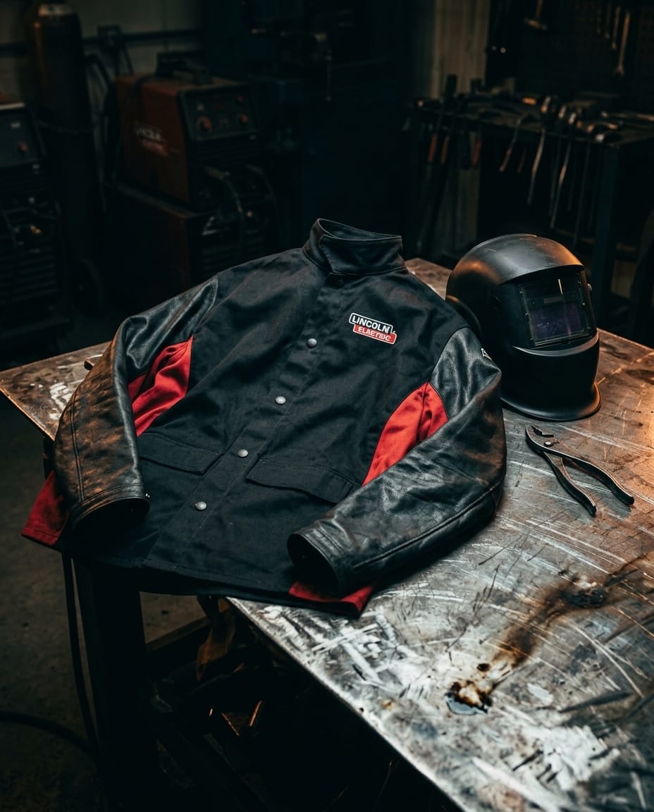 Lincoln Electric black and red leather welding jacket on a metal workbench with a welding helmet and pliers