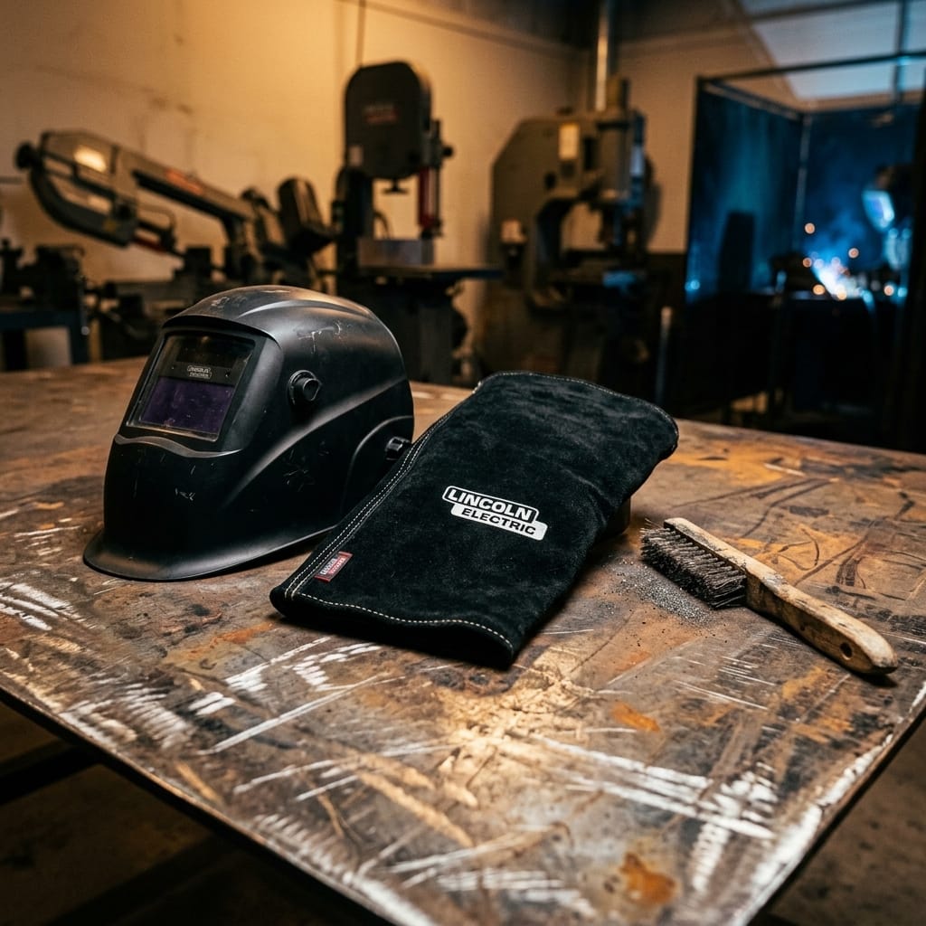 Lincoln Electric welding helmet and leather glove on a metal workbench with a wire brush
