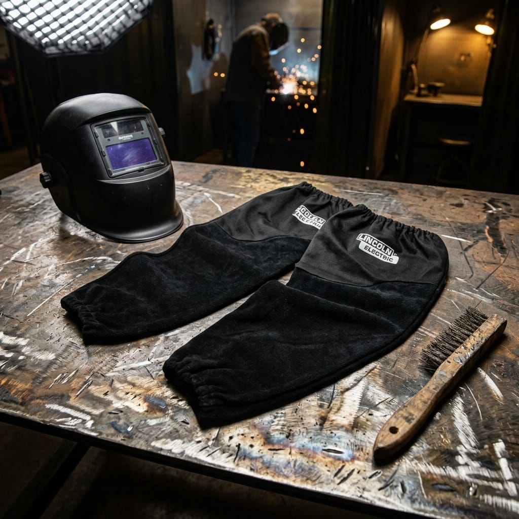 Lincoln Electric black welding sleeves on a metal workbench with a welding helmet and wire brush